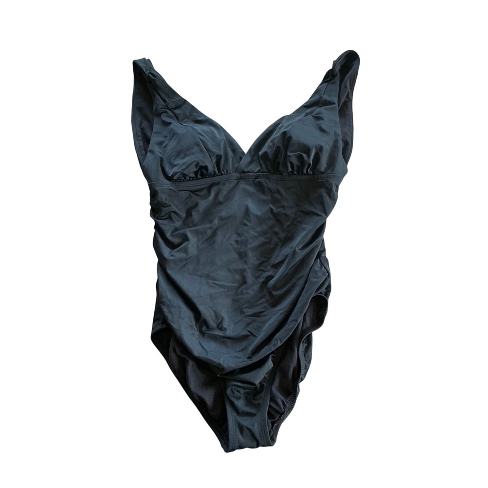 Womens Black Tummy Control V-Neck Ruched One Piece‎ Swimsuit Size L 12-14